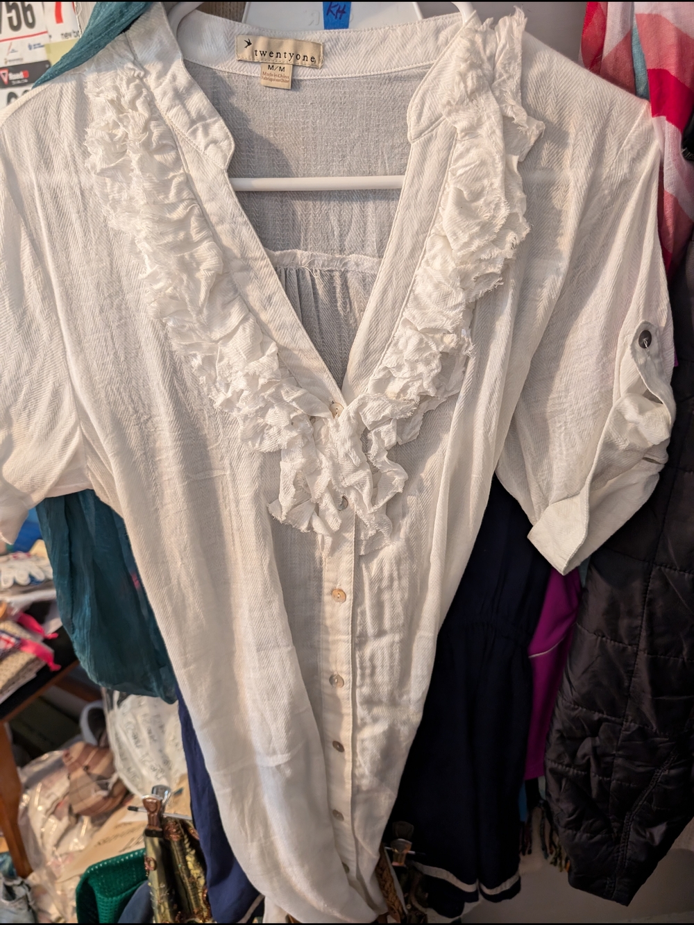 White Ruffle V-Neck Button Front Women's Top